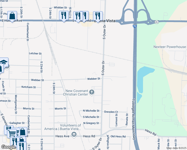 map of restaurants, bars, coffee shops, grocery stores, and more near 1925 South Outer Drive in Saginaw