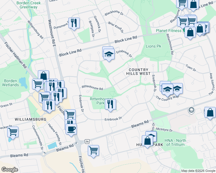 map of restaurants, bars, coffee shops, grocery stores, and more near 316 Rittenhouse Road in Kitchener