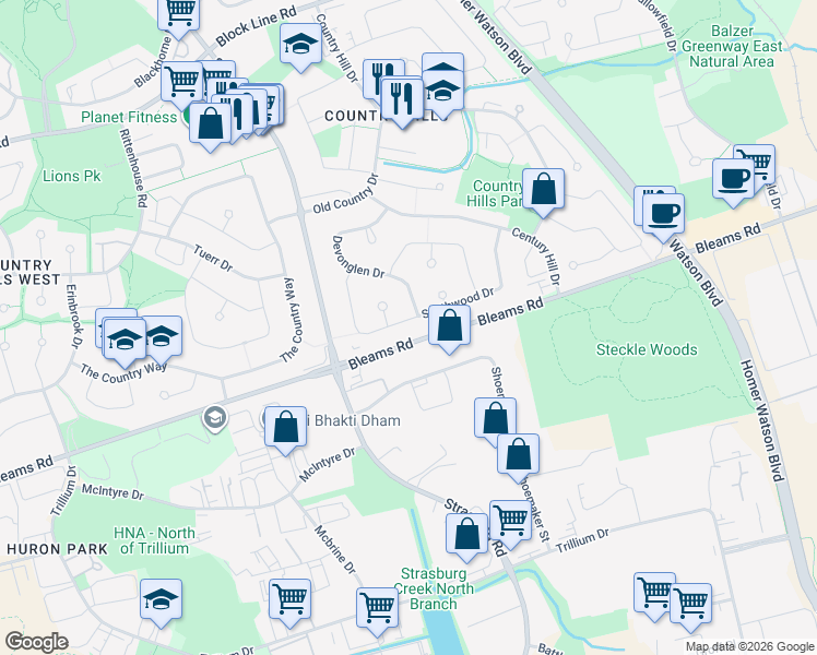 map of restaurants, bars, coffee shops, grocery stores, and more near 151 Devonglen Drive in Kitchener
