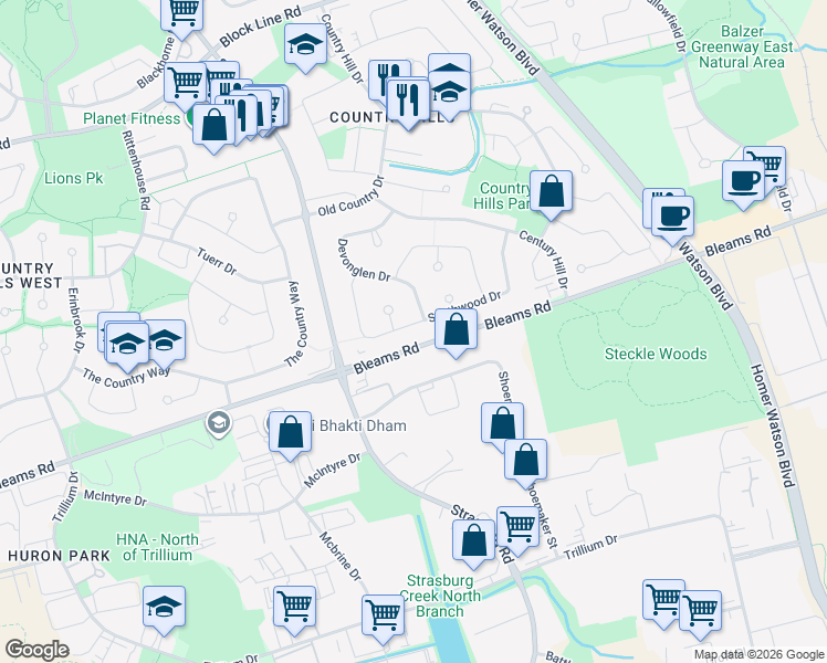 map of restaurants, bars, coffee shops, grocery stores, and more near 113 Southwood Drive in Kitchener