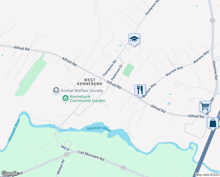 map of restaurants, bars, coffee shops, grocery stores, and more near 1 Patterson Drive in Kennebunk