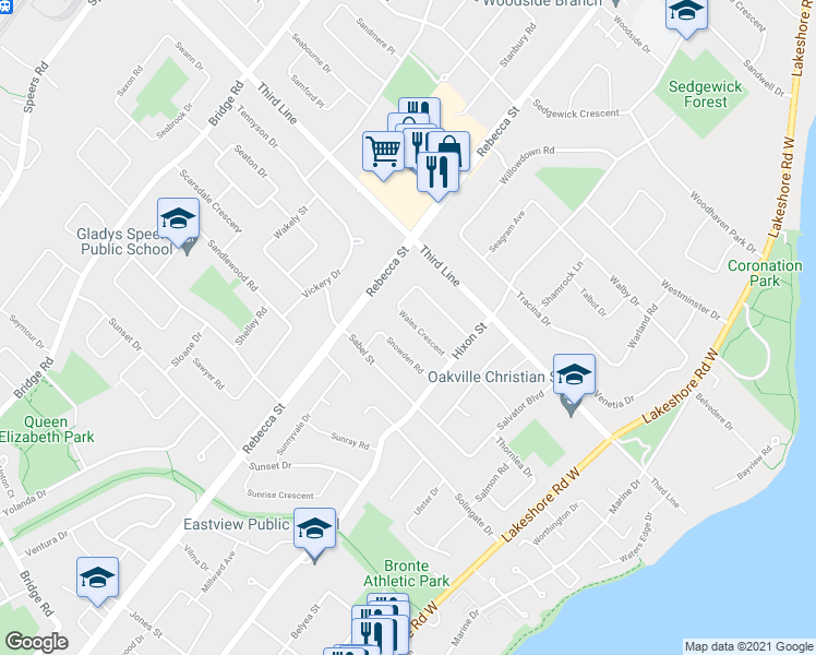 map of restaurants, bars, coffee shops, grocery stores, and more near 261 Wales Crescent in Oakville