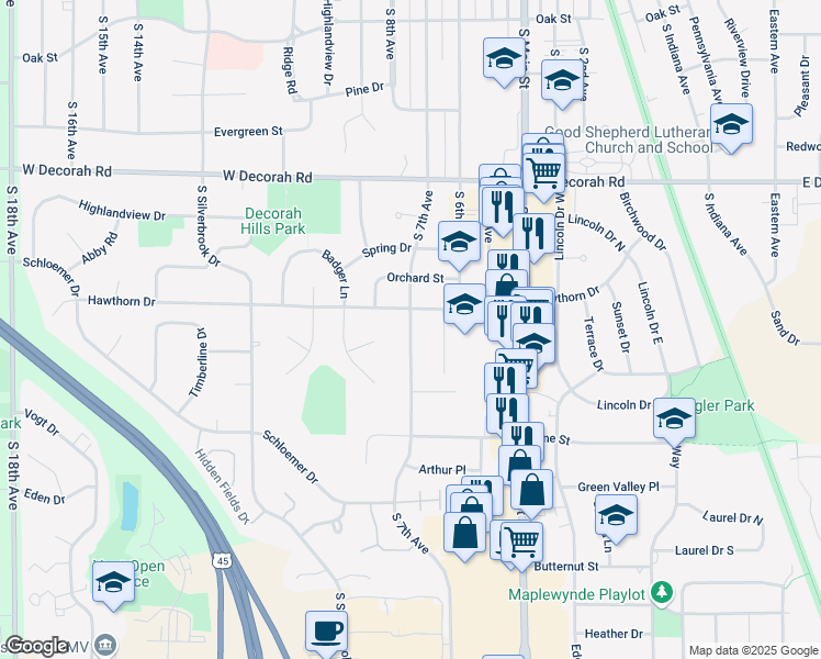 map of restaurants, bars, coffee shops, grocery stores, and more near 1025 South 7th Avenue in West Bend