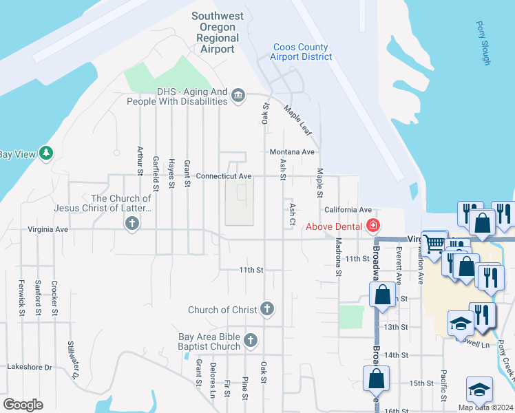 map of restaurants, bars, coffee shops, grocery stores, and more near 1892 Oak Street in North Bend