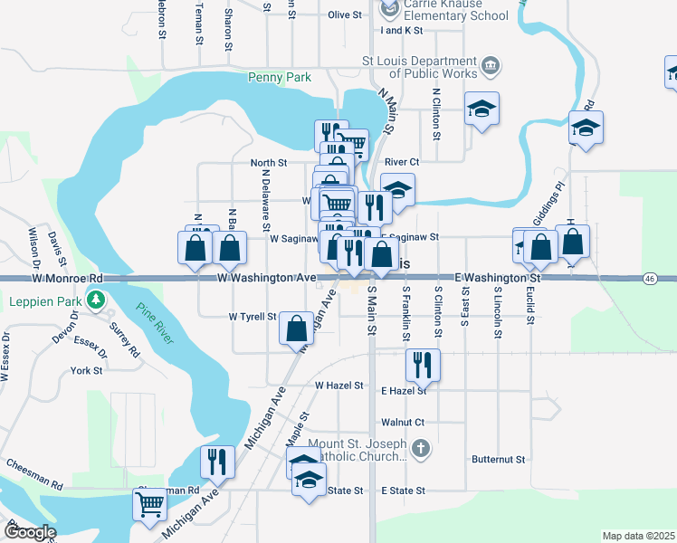 map of restaurants, bars, coffee shops, grocery stores, and more near 115 North Mill Street in St. Louis