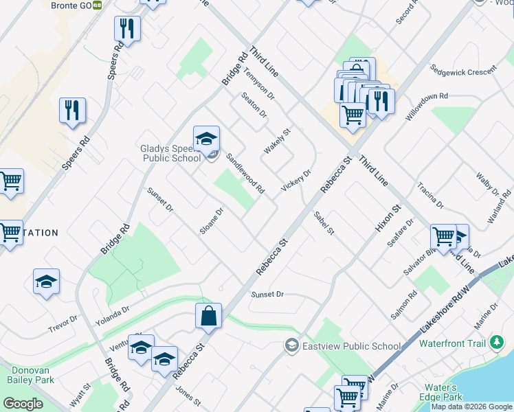 map of restaurants, bars, coffee shops, grocery stores, and more near 2149 Shelley Road in Oakville