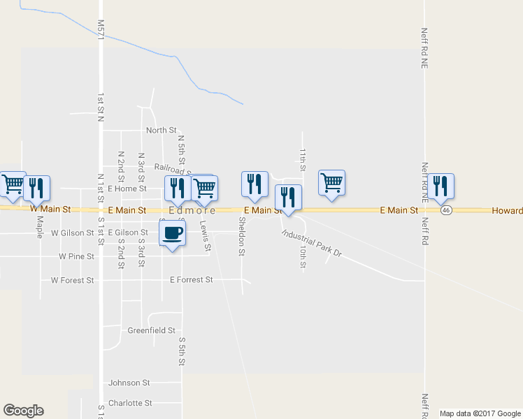 map of restaurants, bars, coffee shops, grocery stores, and more near 1157 East Main Street in Edmore