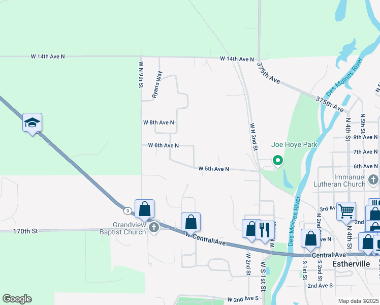 map of restaurants, bars, coffee shops, grocery stores, and more near 501-599 West N 6th Street in Estherville