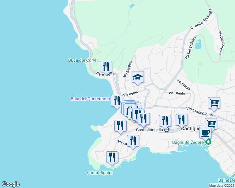 map of restaurants, bars, coffee shops, grocery stores, and more near 6 Lungomare del Quercetano in Rosignano Solvay-Castiglioncello