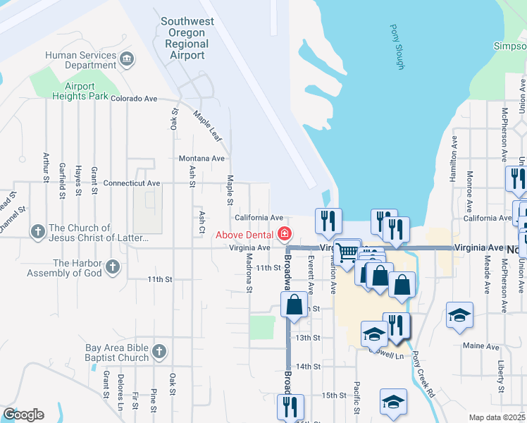 map of restaurants, bars, coffee shops, grocery stores, and more near 1880 Myrtle Street in North Bend
