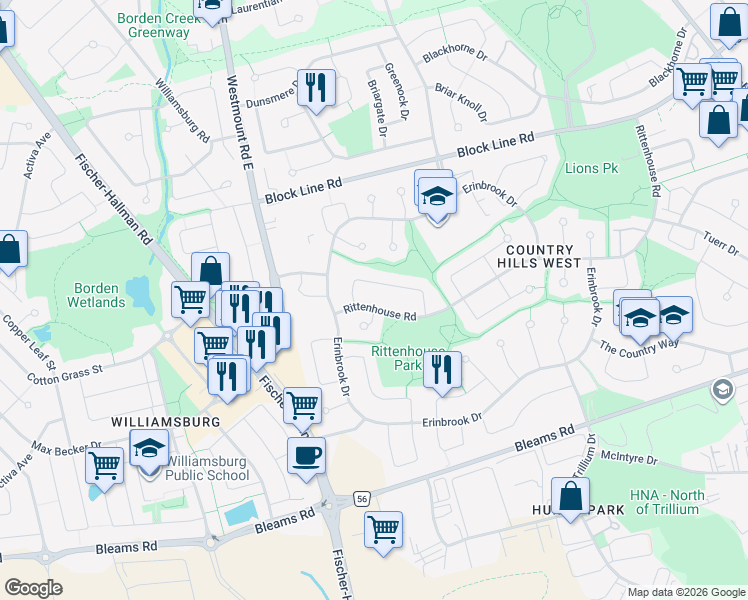 map of restaurants, bars, coffee shops, grocery stores, and more near 75 Julia Crescent in Kitchener