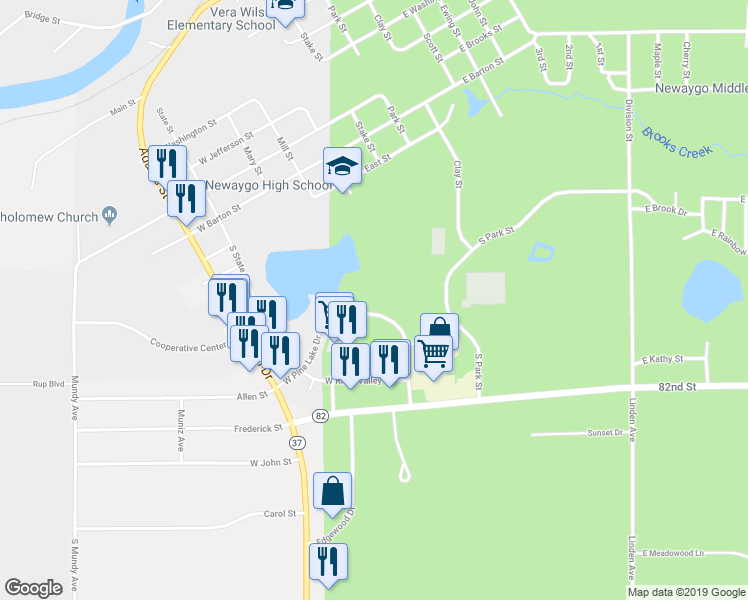 map of restaurants, bars, coffee shops, grocery stores, and more near 137 West Pine Lake Drive in Newaygo