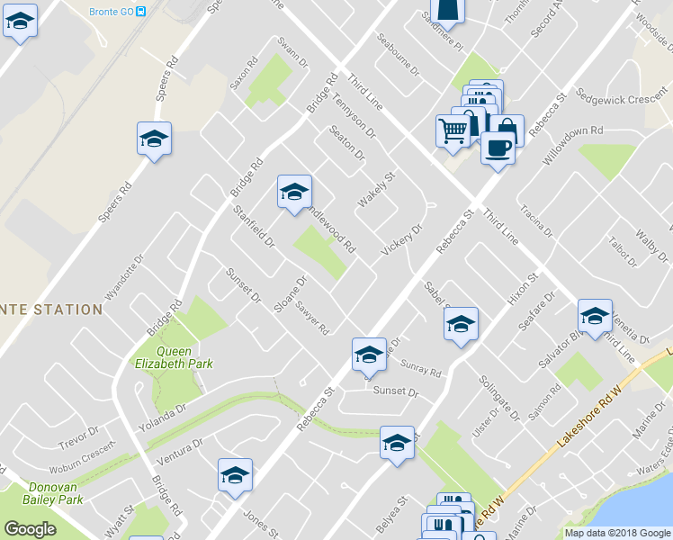 map of restaurants, bars, coffee shops, grocery stores, and more near 2149 Shelley Road in Oakville