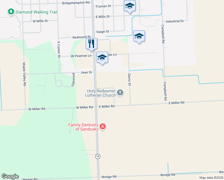 map of restaurants, bars, coffee shops, grocery stores, and more near 50 Dell Street in Sandusky
