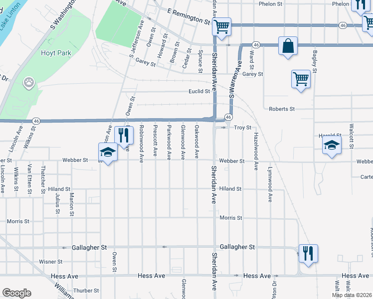 map of restaurants, bars, coffee shops, grocery stores, and more near 2018 Glenwood Avenue in Saginaw