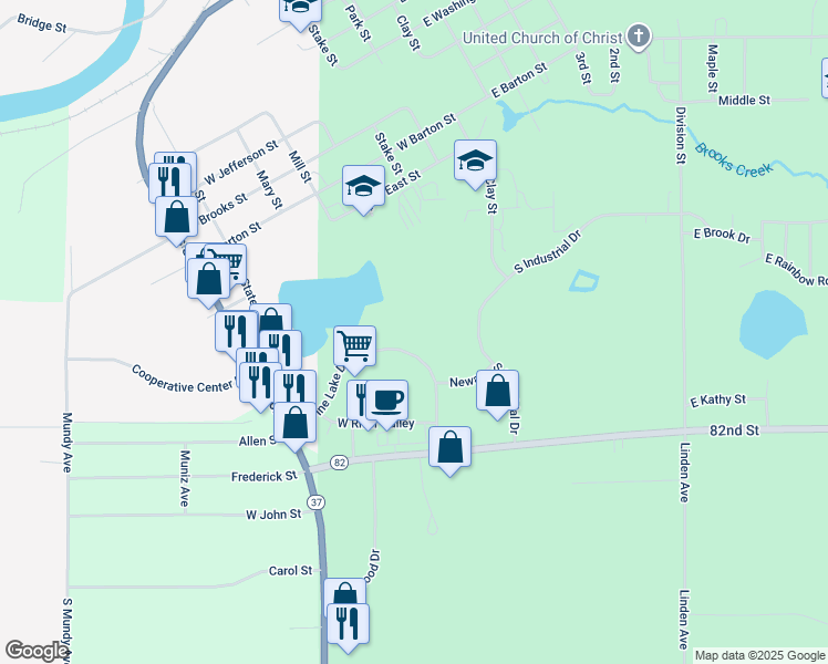 map of restaurants, bars, coffee shops, grocery stores, and more near 129 West Pine Lake Drive in Newaygo