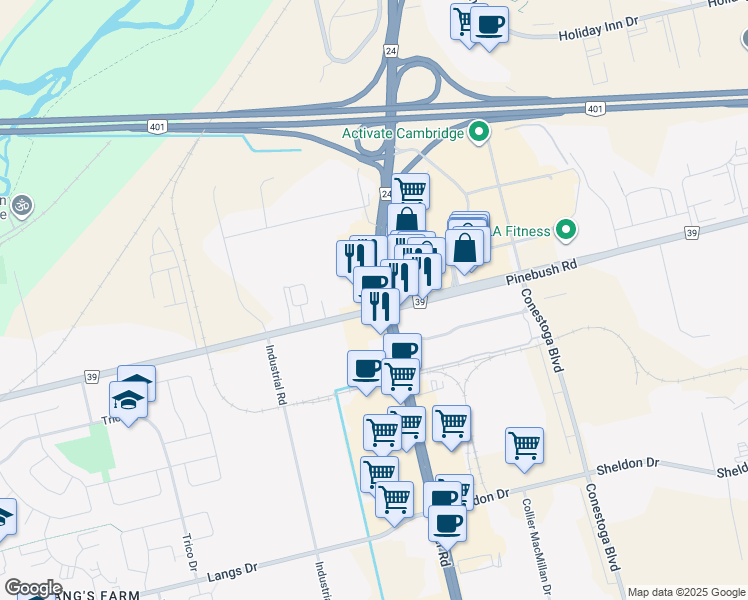 map of restaurants, bars, coffee shops, grocery stores, and more near 684 Hespeler Road in Cambridge