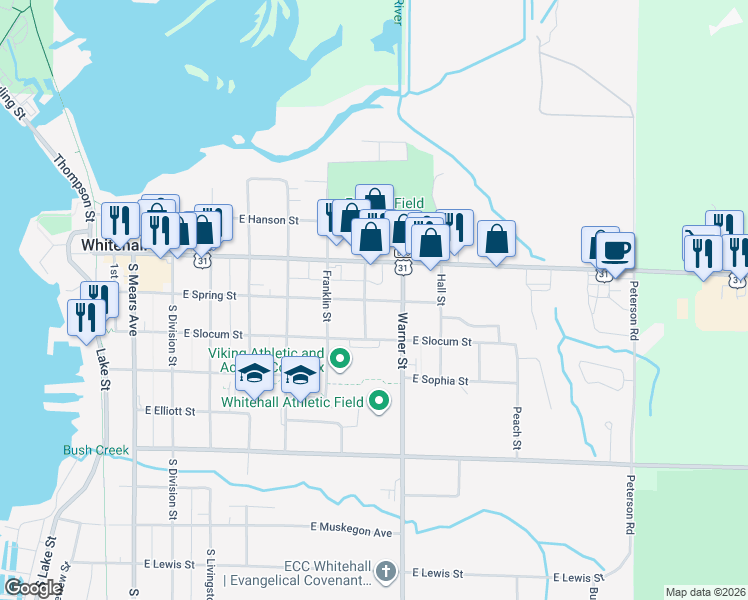 map of restaurants, bars, coffee shops, grocery stores, and more near 724 E Spring St in Whitehall