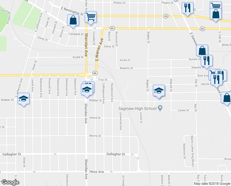 map of restaurants, bars, coffee shops, grocery stores, and more near 2014 Hazelwood Avenue in Saginaw