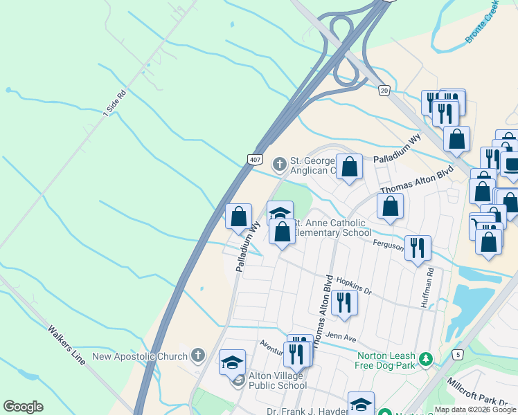 map of restaurants, bars, coffee shops, grocery stores, and more near 4645 Palladium Way in Burlington