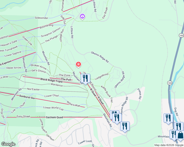 map of restaurants, bars, coffee shops, grocery stores, and more near 49 White Loop in Windsor County