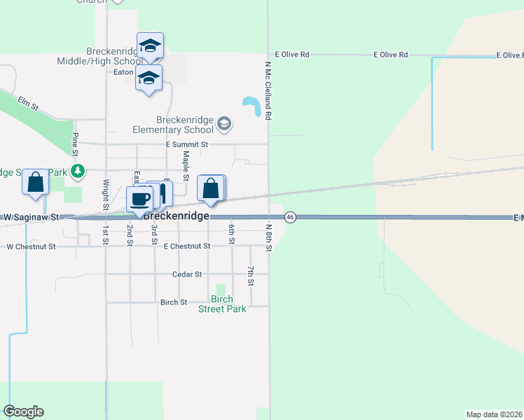 map of restaurants, bars, coffee shops, grocery stores, and more near 717 East Saginaw Street in Breckenridge