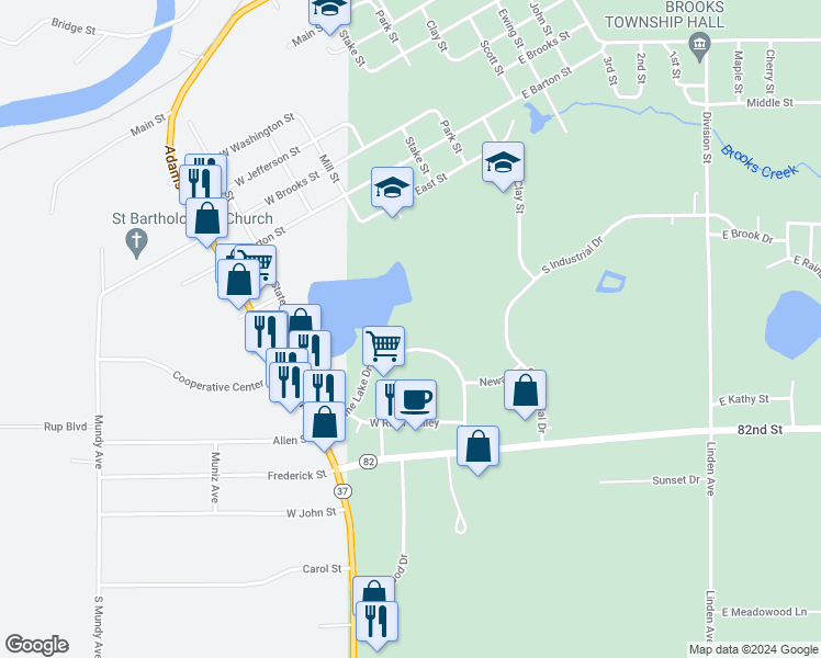 map of restaurants, bars, coffee shops, grocery stores, and more near 149 West Pine Lake Drive in Newaygo
