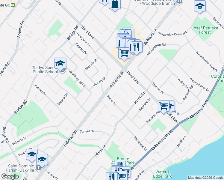 map of restaurants, bars, coffee shops, grocery stores, and more near 2074 Rebecca Street in Oakville