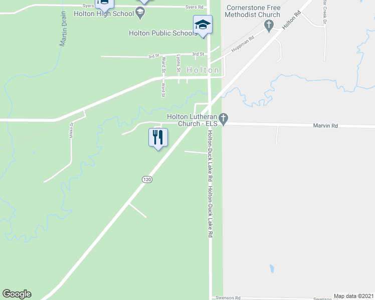 map of restaurants, bars, coffee shops, grocery stores, and more near 8513 Holton-Duck Lake Road in Holton