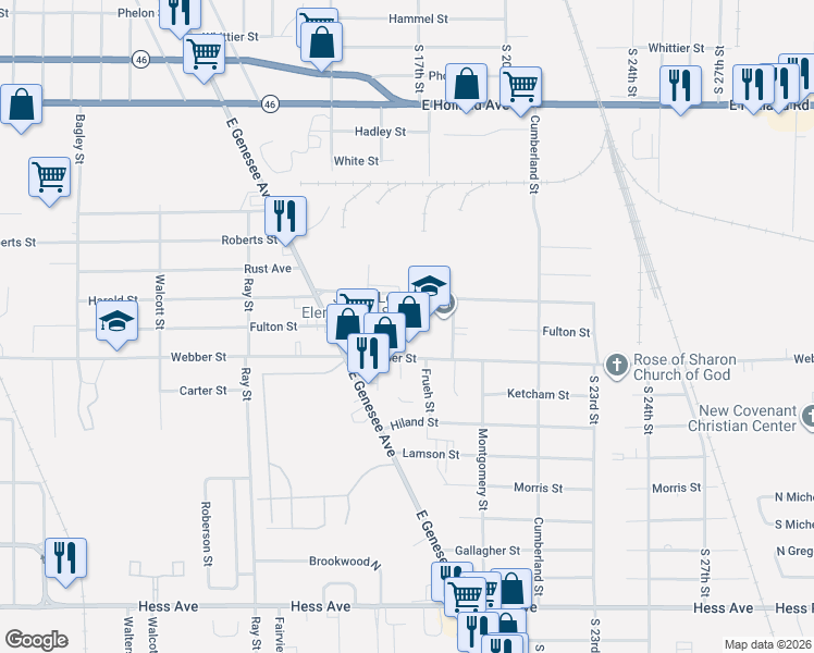 map of restaurants, bars, coffee shops, grocery stores, and more near 2004 Loomis Street in Saginaw
