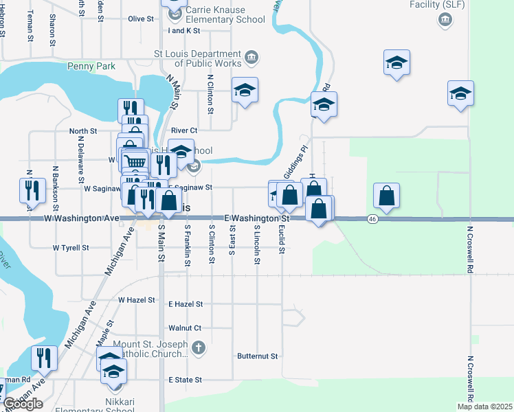 map of restaurants, bars, coffee shops, grocery stores, and more near 415 East Washington Street in St. Louis