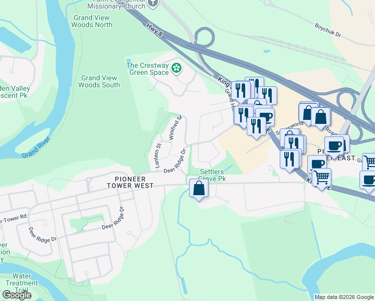 map of restaurants, bars, coffee shops, grocery stores, and more near 91 Deer Ridge Drive in Kitchener