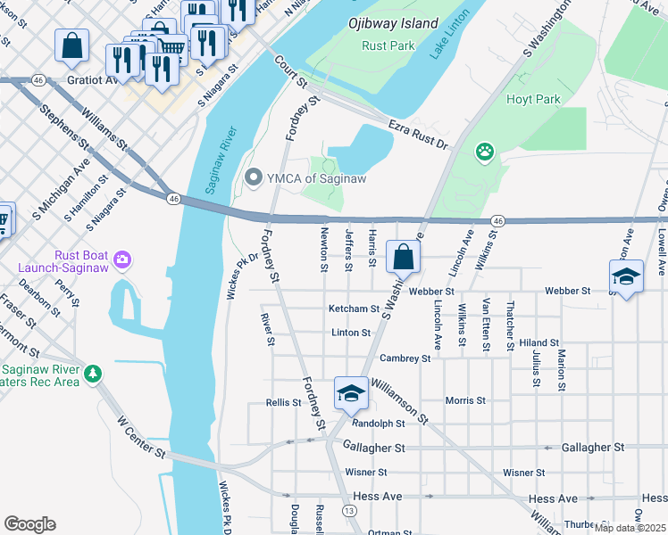map of restaurants, bars, coffee shops, grocery stores, and more near 2010 Newton Street in Saginaw
