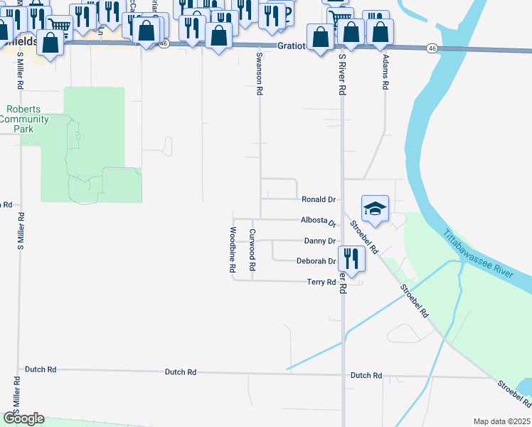 map of restaurants, bars, coffee shops, grocery stores, and more near 7240 Albosta Drive in Saginaw