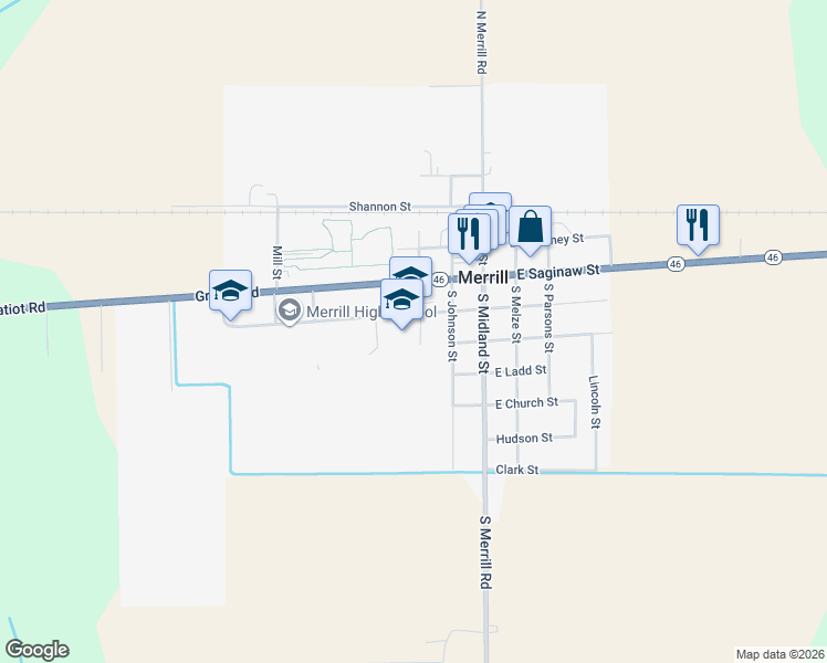 map of restaurants, bars, coffee shops, grocery stores, and more near 325 West Alice Street in Merrill