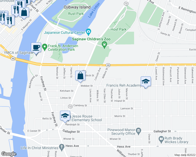map of restaurants, bars, coffee shops, grocery stores, and more near 2006 Lincoln Avenue in Saginaw