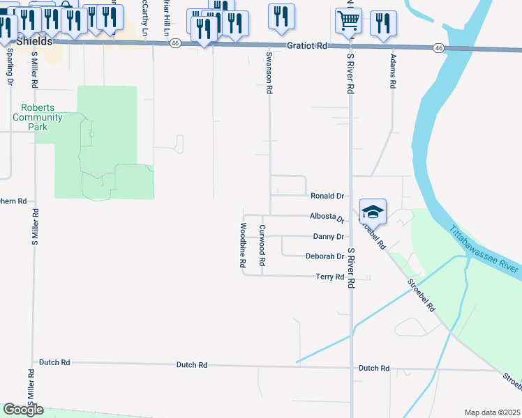 map of restaurants, bars, coffee shops, grocery stores, and more near 7240 Albosta Drive in Saginaw
