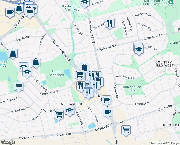map of restaurants, bars, coffee shops, grocery stores, and more near 111 Highbrook Street in Kitchener