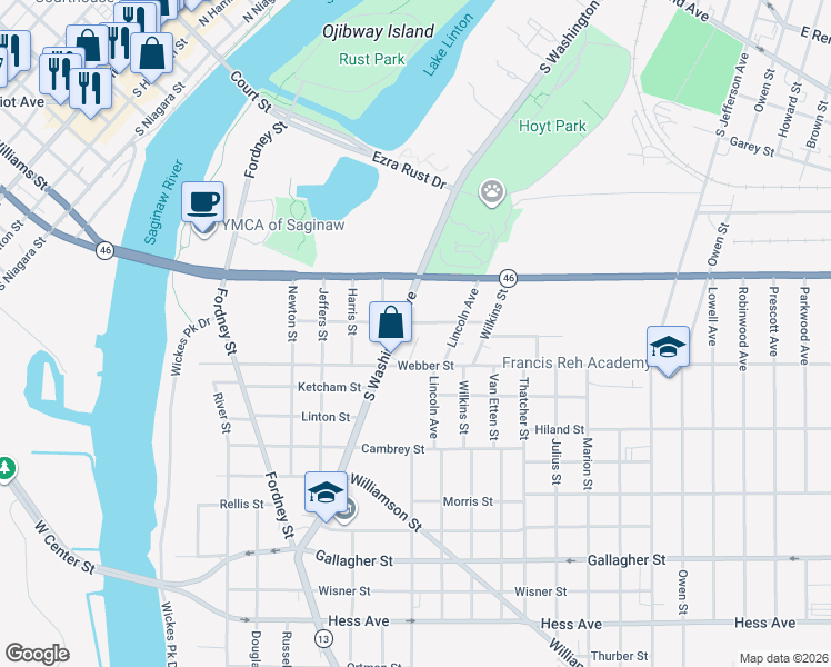 map of restaurants, bars, coffee shops, grocery stores, and more near 716 Birch Street in Saginaw