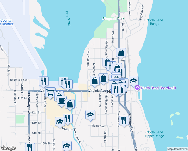 map of restaurants, bars, coffee shops, grocery stores, and more near Monroe Avenue in North Bend