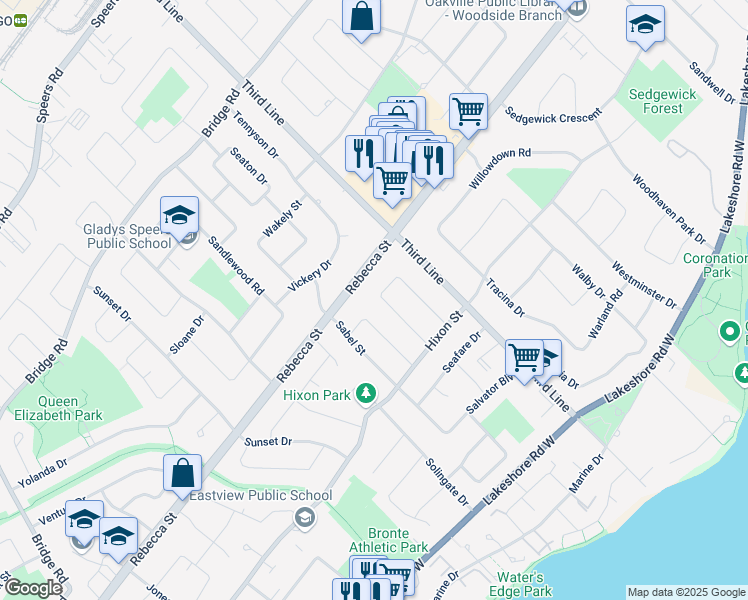 map of restaurants, bars, coffee shops, grocery stores, and more near 253 Wales Crescent in Oakville