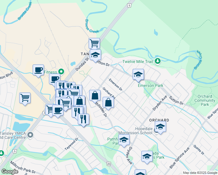 map of restaurants, bars, coffee shops, grocery stores, and more near 2402 Norland Drive in Burlington