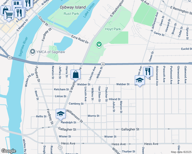 map of restaurants, bars, coffee shops, grocery stores, and more near 2011 Wilkins Street in Saginaw