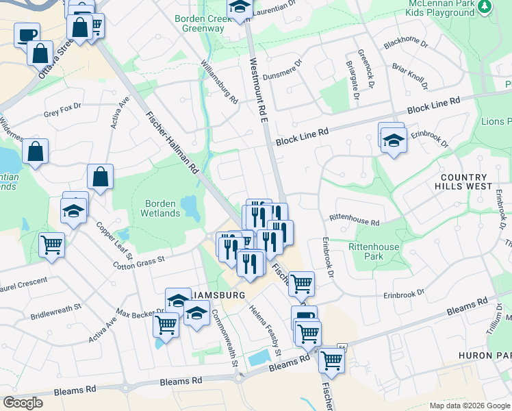 map of restaurants, bars, coffee shops, grocery stores, and more near 111 Highbrook Street in Kitchener
