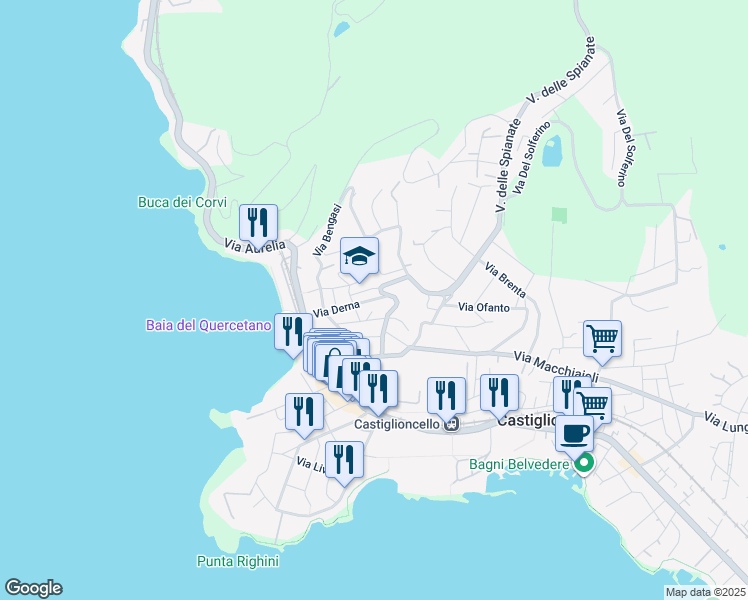map of restaurants, bars, coffee shops, grocery stores, and more near 24 Via Derna in Rosignano Solvay-Castiglioncello