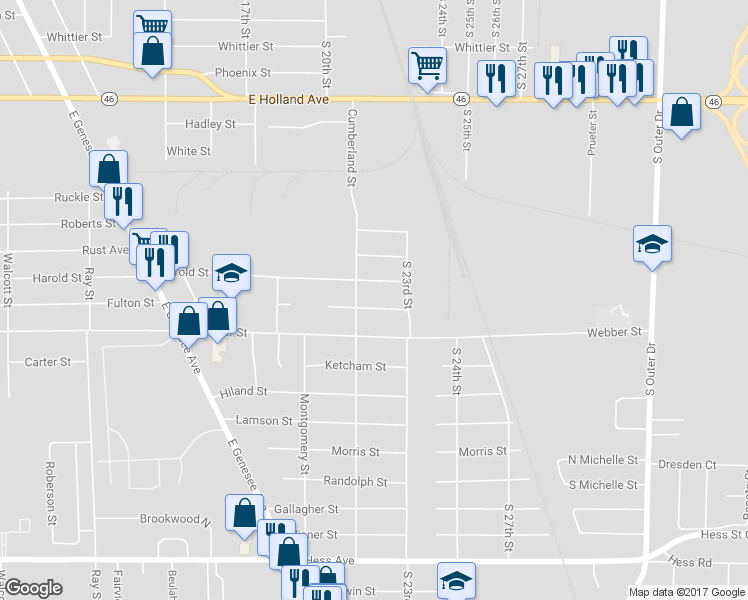 map of restaurants, bars, coffee shops, grocery stores, and more near 4115 Fulton Street in Saginaw