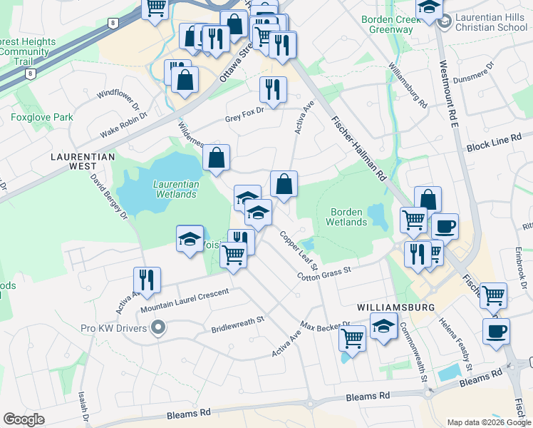 map of restaurants, bars, coffee shops, grocery stores, and more near 139 Activa Avenue in Kitchener
