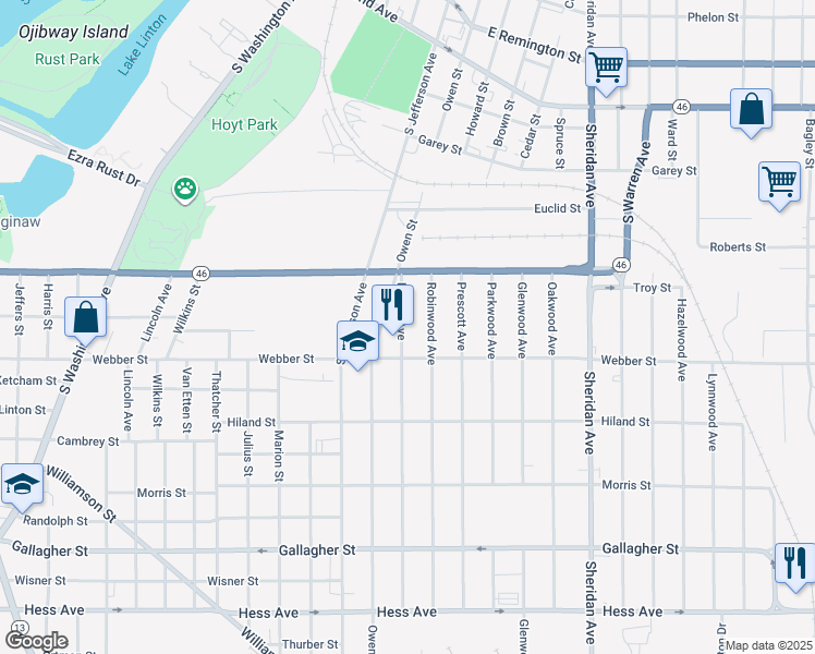 map of restaurants, bars, coffee shops, grocery stores, and more near 2006 Lowell Avenue in Saginaw
