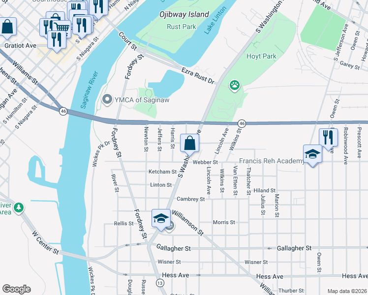 map of restaurants, bars, coffee shops, grocery stores, and more near 520 Birch Street in Saginaw