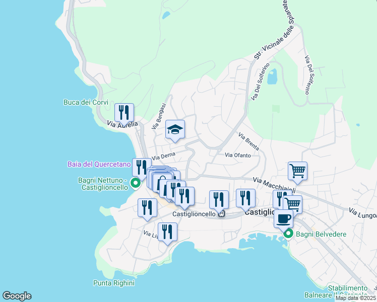 map of restaurants, bars, coffee shops, grocery stores, and more near 24 Via Derna in Rosignano Solvay-Castiglioncello
